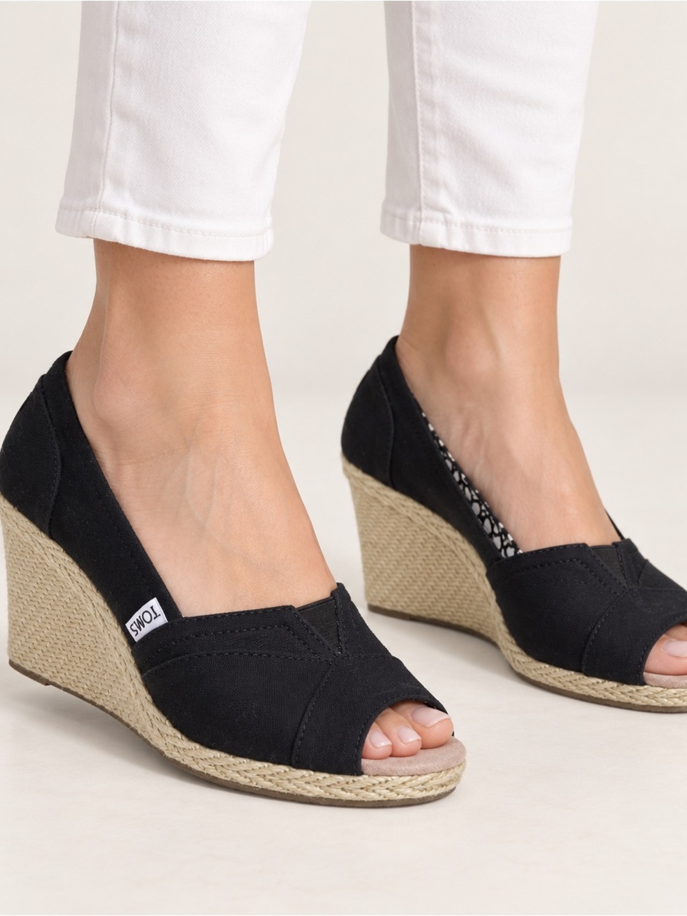 TOMS Black Canvas Peep Toe Espadrille Wedges Women’s 6.5